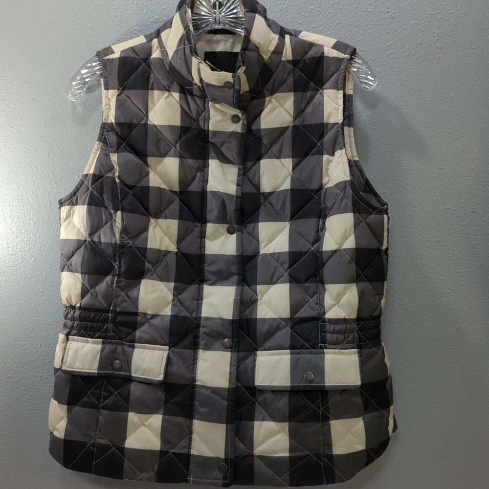 Talbots Petites Women's Plaid Black White Quilted Puffer Vest Small Petite 463
